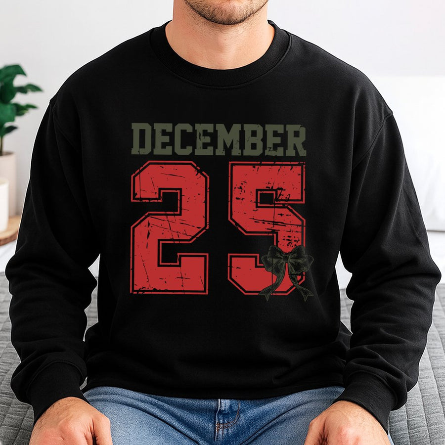 December 25 Christmas Sweatshirt | Retro Distressed Varsity Number Graphic | Premium Cotton Blend | Unisex Holiday Gift for Women and Men