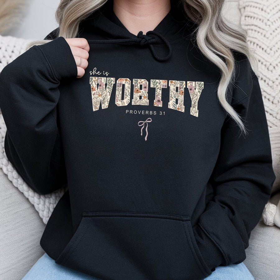 She Is Worthy Hoodie | Proverbs 31 Floral Christian Sweatshirt | Premium Cotton-Blend Religious Gift | Faith-Based Apparel for Women