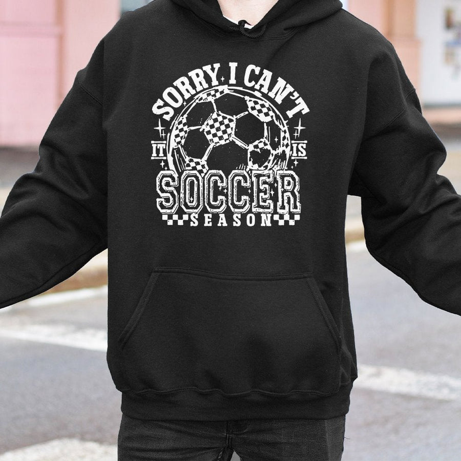 Sorry I Can't It's Soccer Season Hoodie | Retro Checkered Ball Graphic | Premium Cotton Blend | Soccer Mom Gift & Game Day Apparel