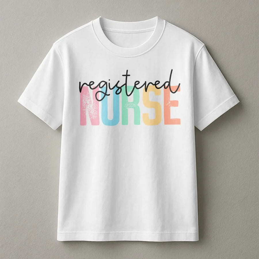 Registered Nurse T-Shirt | Colorful Typography Design | Soft Cotton-Poly Blend | RN Graduation Gift for Nursing Students