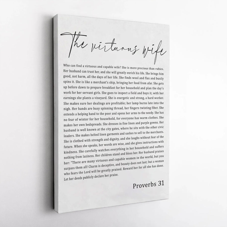Proverbs 31 Virtuous Wife Vertical Canvas | Minimalist Scripture Typography | Premium Thick Gallery Canvas | Christian Wall Art Gift for Her
