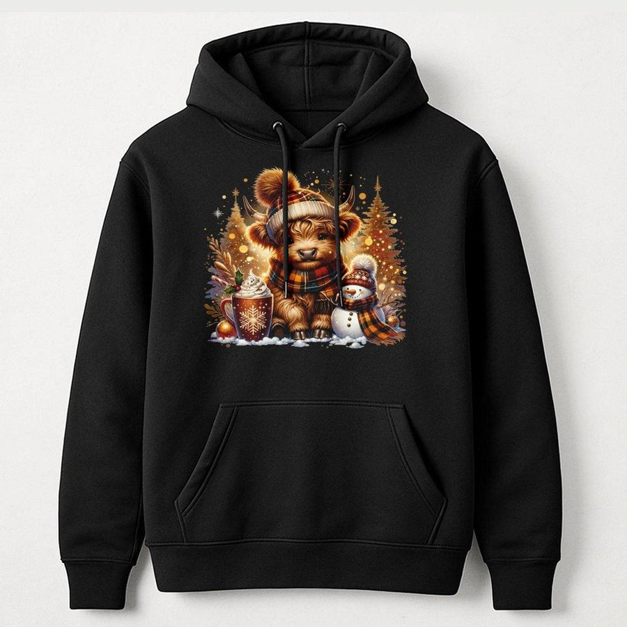 Highland Cow Christmas Hoodie | Festive Snowman & Hot Cocoa Graphic | Cotton-Poly Blend | Cozy Winter Gift For Animal Lovers