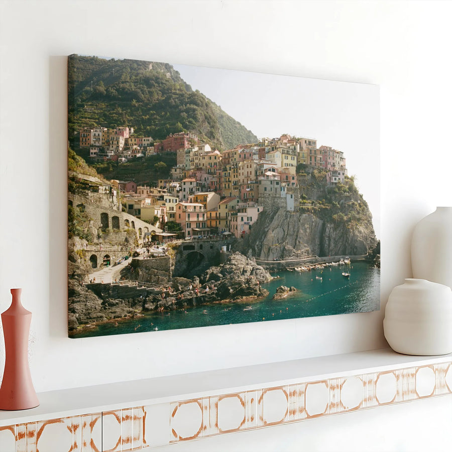 Cinque Terre Italy Coastal Landscape Horizontal Canvas | Vibrant Mediterranean Village Sea View Wall Art | Premium 1.25" Gallery Wrap | Travel Gift for Wanderlust Lovers