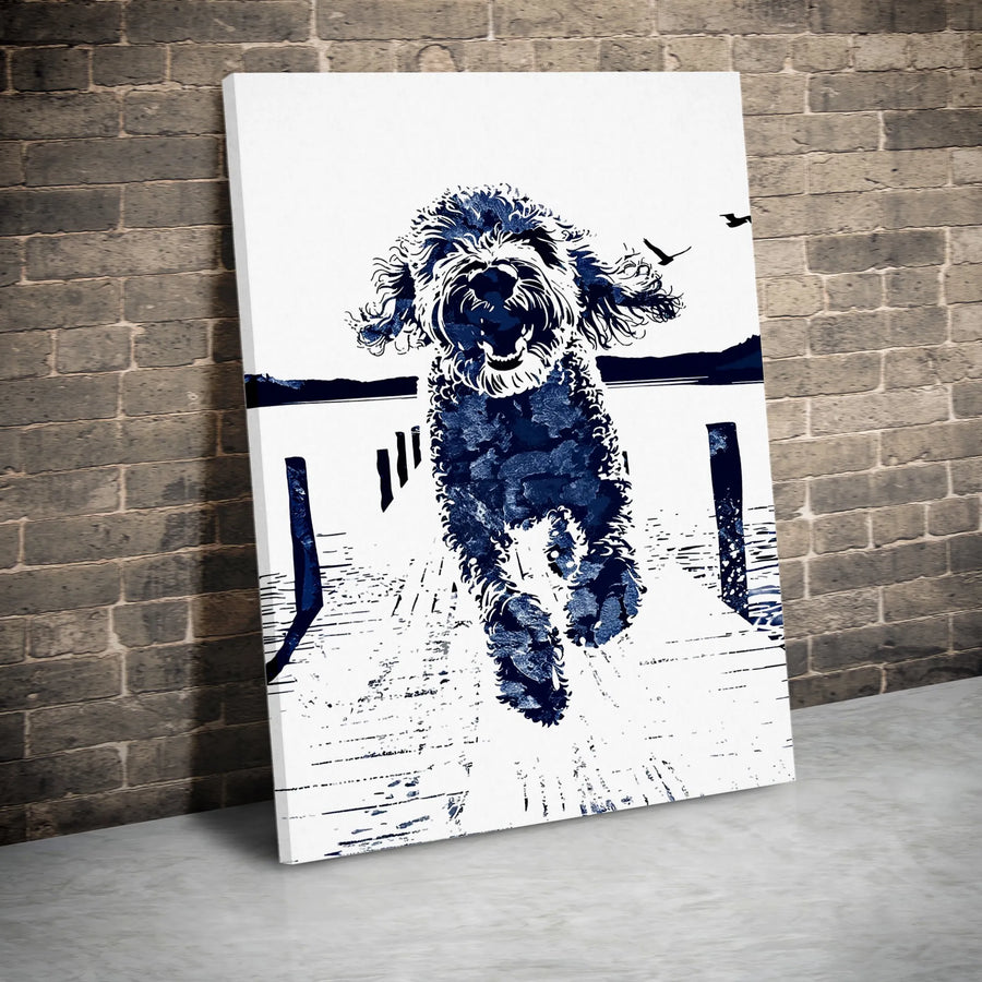 Dog Wall Art | Blue Watercolor Doodle Running on Dock | Premium Gallery Wrapped Canvas | Modern Home Decor Gift for Dog Lovers