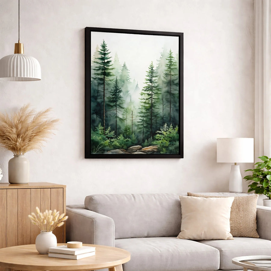 Misty Pine Forest Wall Art | Watercolor Nature Landscape Canvas Print | Premium Gallery Wrap 1.25" Profile | Serene Home Office Decor Gift