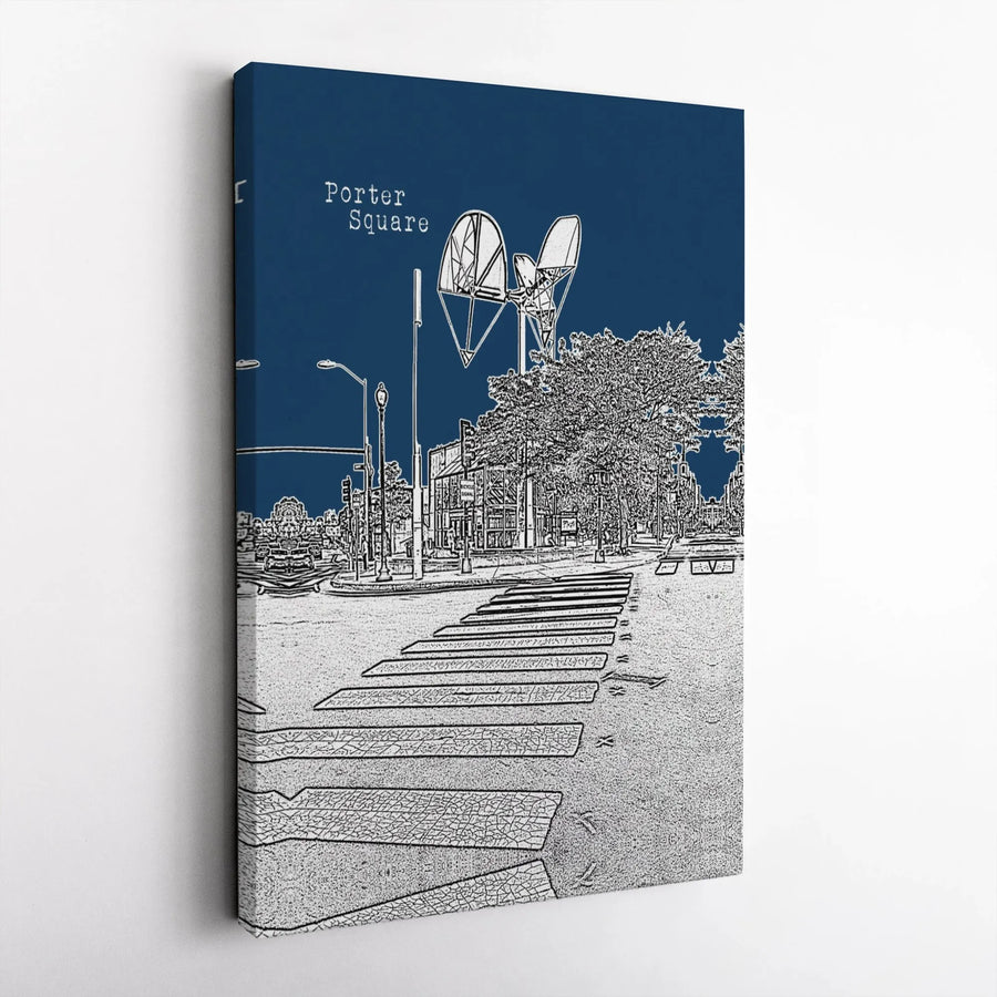 Porter Square Canvas Art | Cambridge MA Landmark Illustration | Gallery-Quality 1.25-Inch Profile | Boston Home Decor Gift for Residents