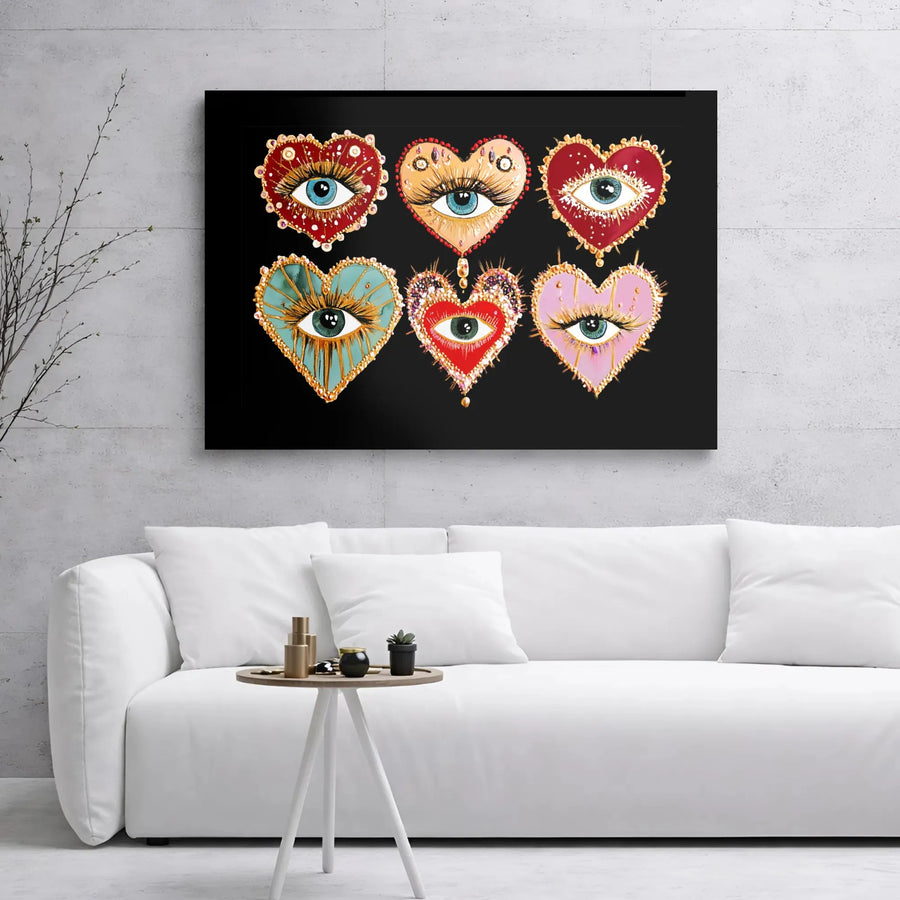 Evil Eye Heart Canvas Wall Art | Bejeweled Boho Spiritual Decor | Premium Gallery Wrap Print | Unique Protection Symbol Gift for Home