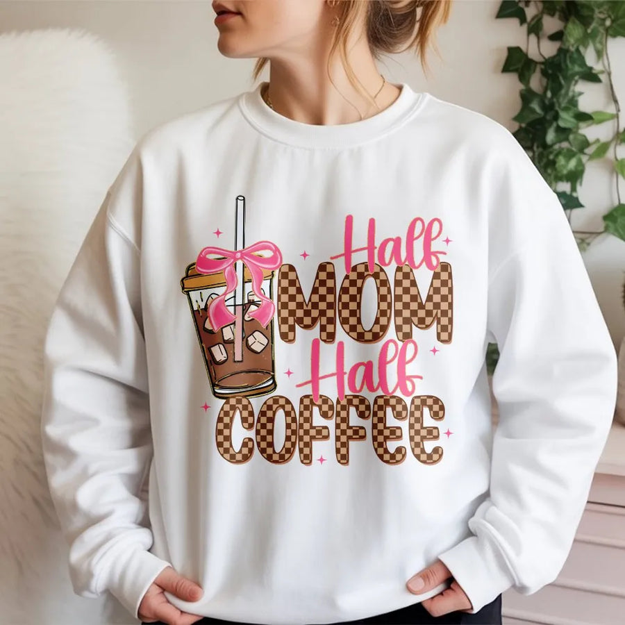 Half Mom Half Coffee Sweatshirt | Retro Checkered Graphic with Coquette Bow | Premium Soft Cotton Blend | Funny Coffee Lover Gift for Mom
