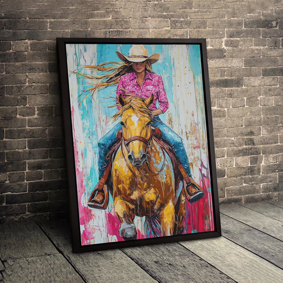 Western Cowgirl Horse Art Canvas | Vibrant Abstract Painting | Gallery-Wrapped Premium Print | Rustic Decor Gift for Equestrian Lovers