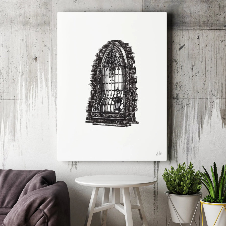 Gothic Arched Window Canvas Wall Art | Ornate Iron Grillwork Sketch | Gallery-Quality 1.25 inch Thick Print | Dark Academia Home Decor Gift