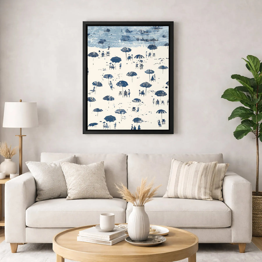 Coastal Beach Umbrella Wall Art | Blue and White Ocean Decor | 1.25 Inch Gallery Wrapped Canvas | Summer Vacation Home Office Gift
