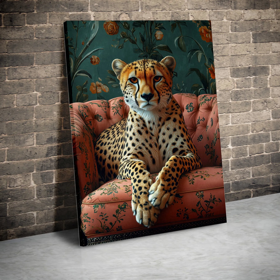 Cheetah Wall Art Print | Elegant Animal Portrait on Floral Sofa | Premium Gallery Wrapped Canvas | Luxury Home Decor Gift