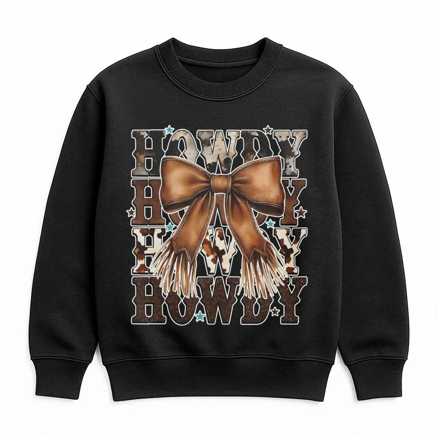 Howdy Cowgirl Sweatshirt | Western Brown Leather Bow Graphic | Premium Cotton Blend | Trendy Coquette Country Aesthetic Gift for Her
