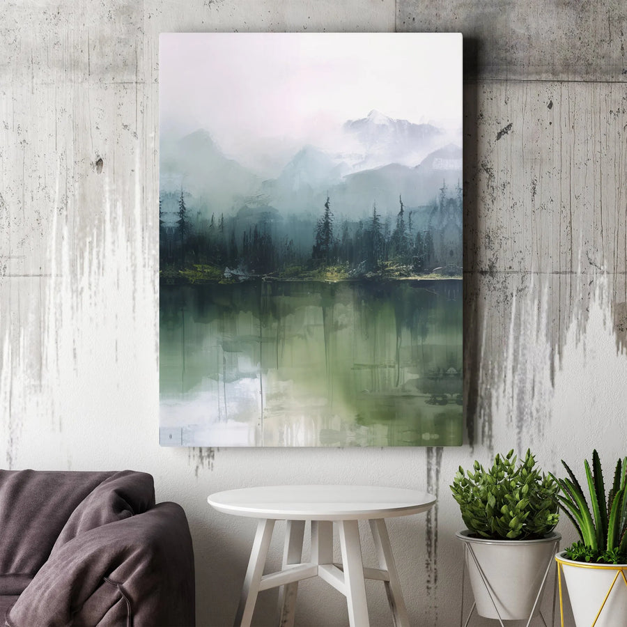 Misty Mountain Lake Canvas Print | Abstract Forest Landscape Wall Art | Premium Fade-Resistant Gallery Wrap | Modern Home Office Decor Gift
