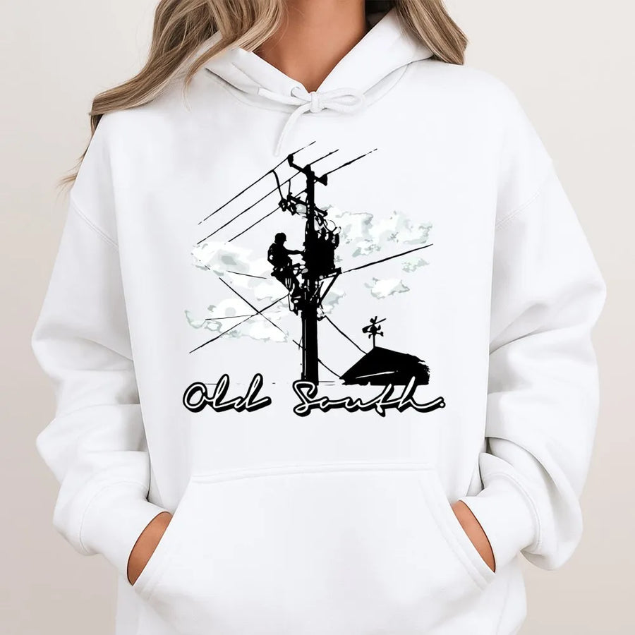 Lineman Hoodie | Old South Power Line Utility Worker Graphic | Premium Cotton Blend | Gift for Electrician Power Company Worker