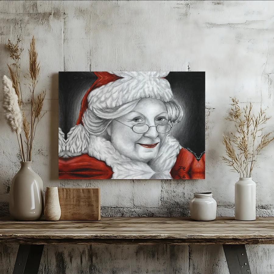 Mrs. Claus Portrait Canvas Art | Festive Pencil Sketch Illustration | Premium Gallery Wrapped Decor | Christmas Wall Art Gift for Home