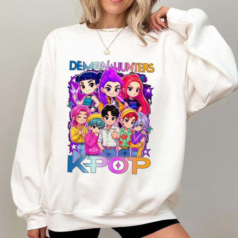 K-Pop Anime Sweatshirt | Demon Hunters Chibi Graphic Design | Premium Cotton Blend | Gift For Kpop Fan And Manga Lovers