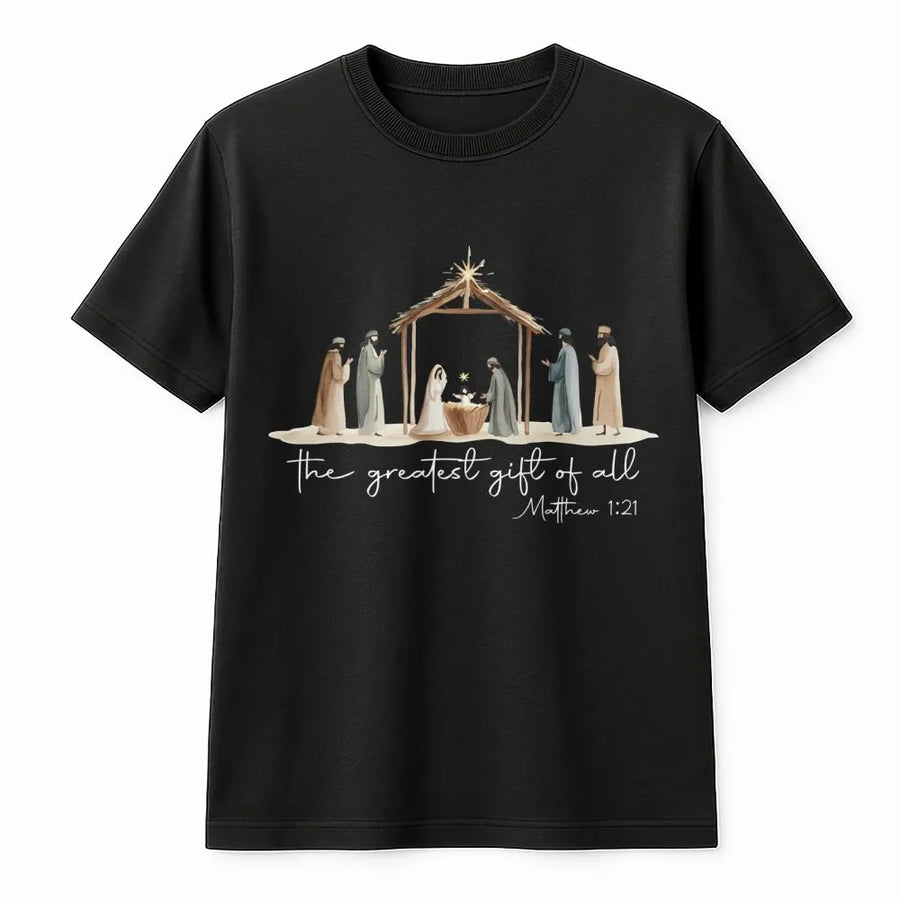 Nativity Scene T-Shirt | The Greatest Gift Of All Christian Graphic | Premium Soft Cotton Tee | Religious Christmas Gift For Women Men