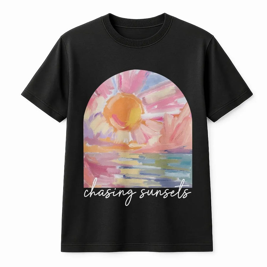 Chasing Sunsets T-Shirt | Boho Beach Vacation Graphic Tee | Premium Comfort Colors Cotton | Trendy Summer Gift for Her