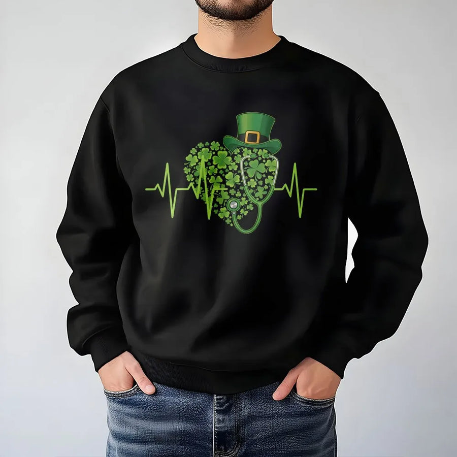 St Patrick's Day Nurse Sweatshirt | Shamrock Heartbeat Stethoscope Design | Cotton Blend Crewneck | Lucky Gift for Nurses and Nursing Students