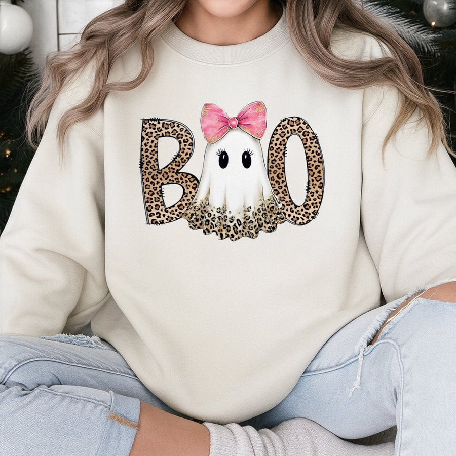Ghost Boo Sweatshirt | Preppy Leopard Print Coquette Bow | Premium Cotton Blend | Trendy Halloween Gift for Women and Teens