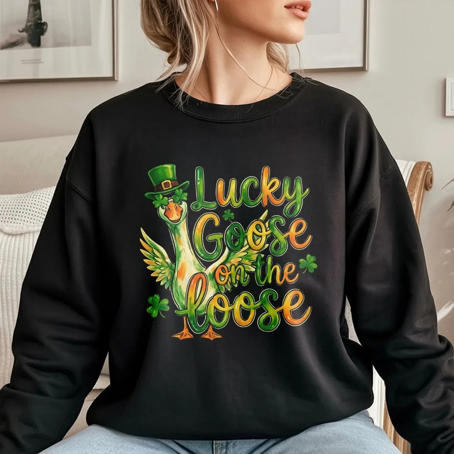 Lucky Goose On The Loose Sweatshirt | Funny St. Patrick's Day Irish Graphic | Soft Cotton-Polyester Blend | Unisex Holiday Gift for Men and Women