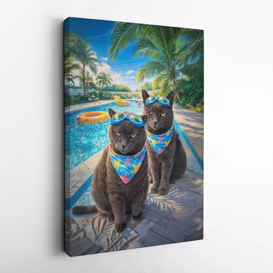 Funny Cat Canvas Wall Art | Two Cool Cats with Goggles by Pool | Premium Gallery Wrap Print | Unique Gift for Cat Lover Home Decor