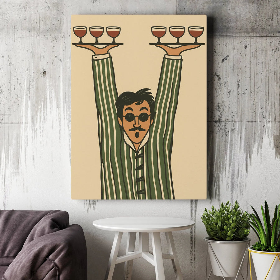 Wine Lover Wall Art | Whimsical Man in Pajamas Carrying Wine Trays Print | Gallery Quality 1.25" Canvas | Premium Decor for Kitchen or Dining Room