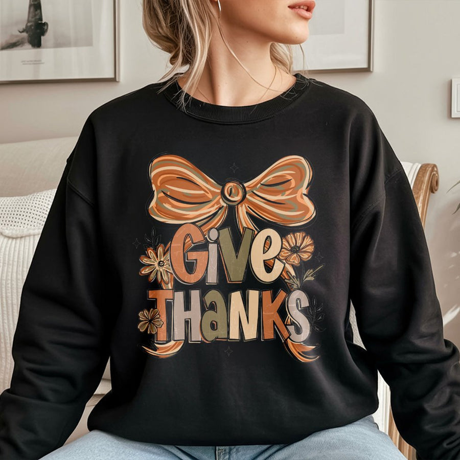 Give Thanks Sweatshirt | Floral Coquette Bow Graphic | Premium Cotton Blend | Thanksgiving Outfit Gift for Women