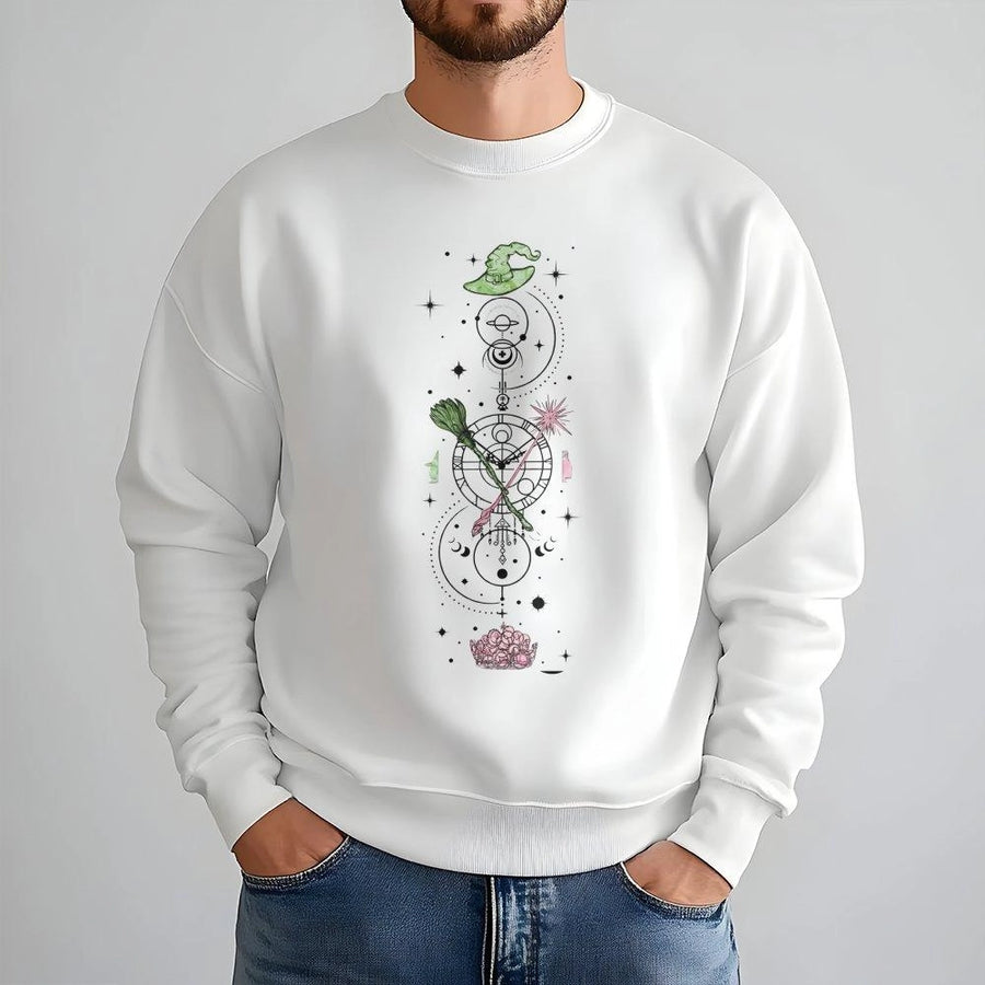 Witchy Aesthetic Sweatshirt | Celestial Broomstick and Hat Graphic | Premium Cotton Blend | Gift for Musical Theater Fans and Fantasy Lovers