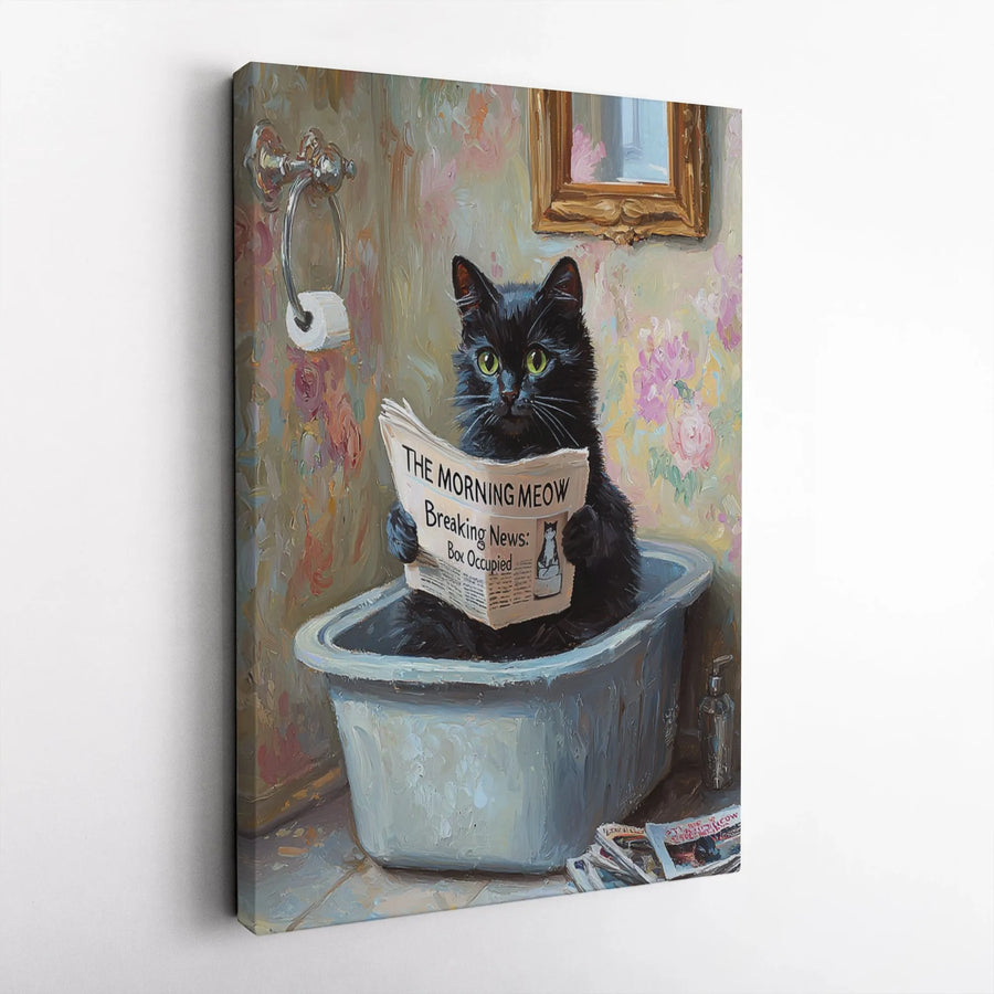 Funny Black Cat Canvas Wall Art | Cat Reading Newspaper in Bathtub | Premium Canvas Print | Humorous Bathroom Decor Gift for Cat Lover