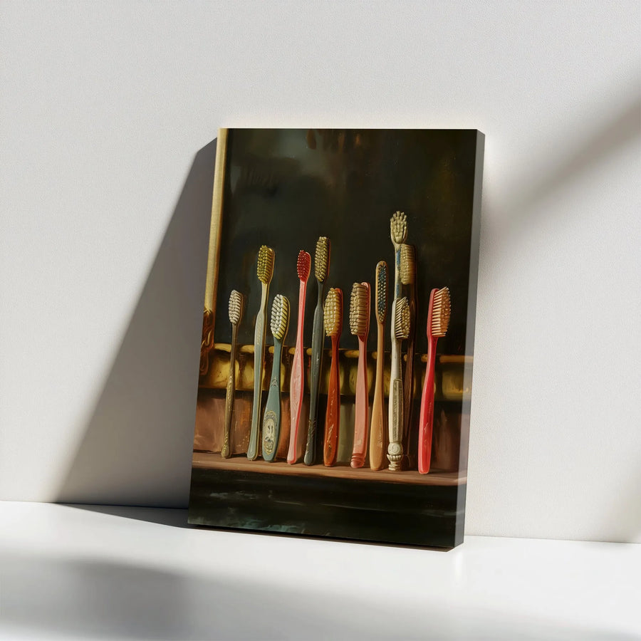 Vintage Toothbrush Still Life Canvas Print | Classic Bathroom Decor Art | Premium Gallery Wrapped Wall Decor | Unique Gift for Dentist or Hygienist