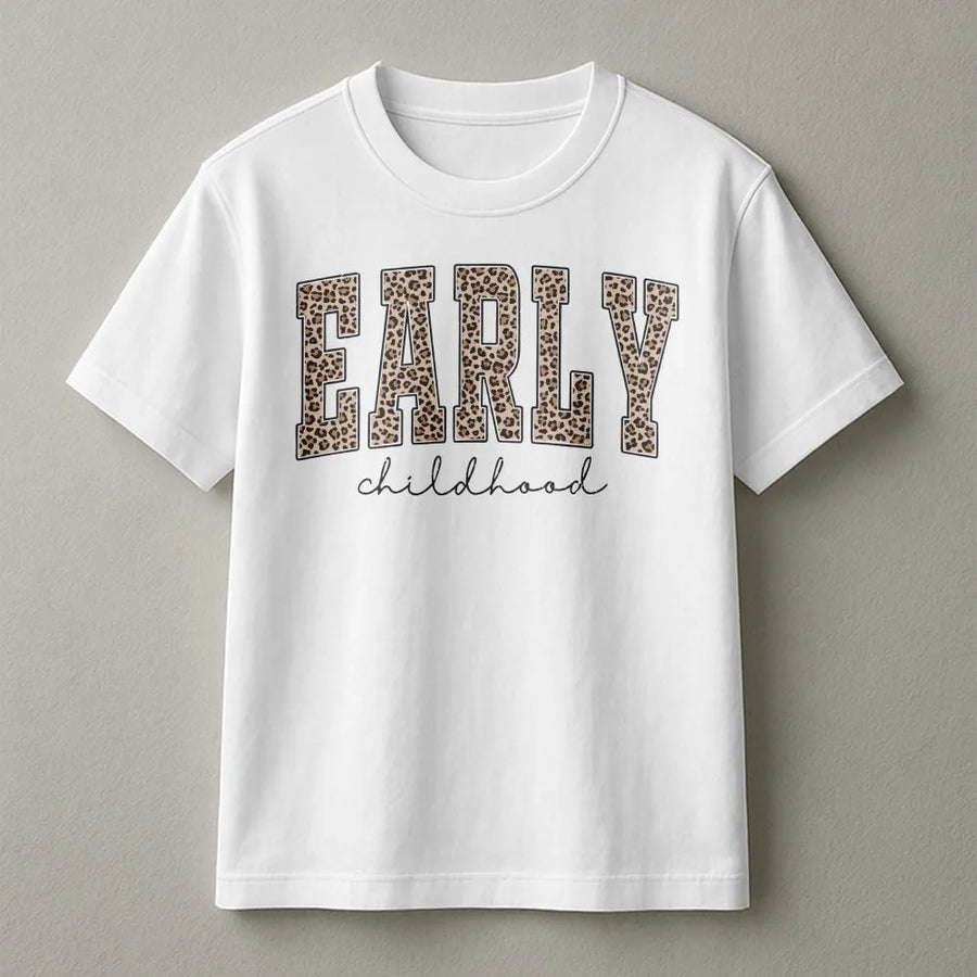 Early Childhood Teacher T-Shirt | Leopard Print Varsity Letter Design | 100% Soft Cotton | Educator Gift for Preschool and Kindergarten Teachers