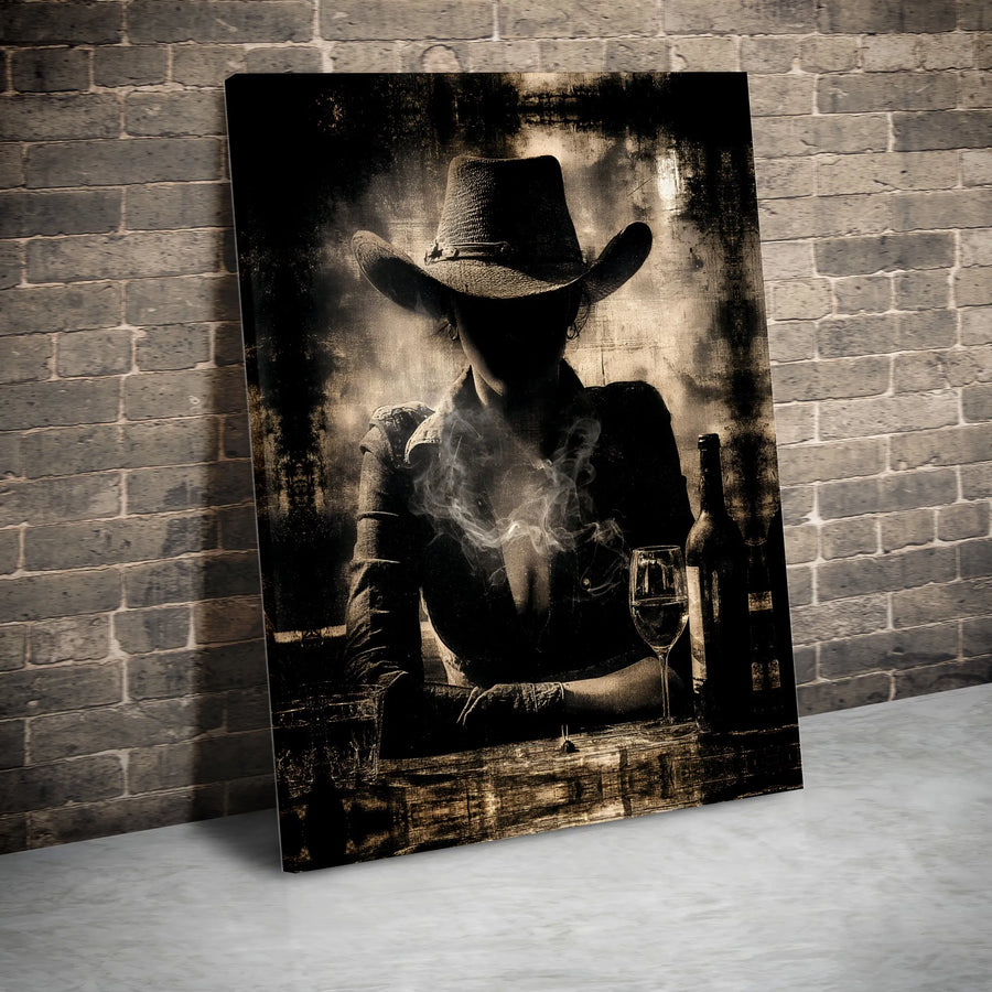 Western Cowgirl Canvas Print | Moody Saloon Wall Art | Premium Fade-Resistant Ink | Rustic Man Cave & Bar Decor Gift