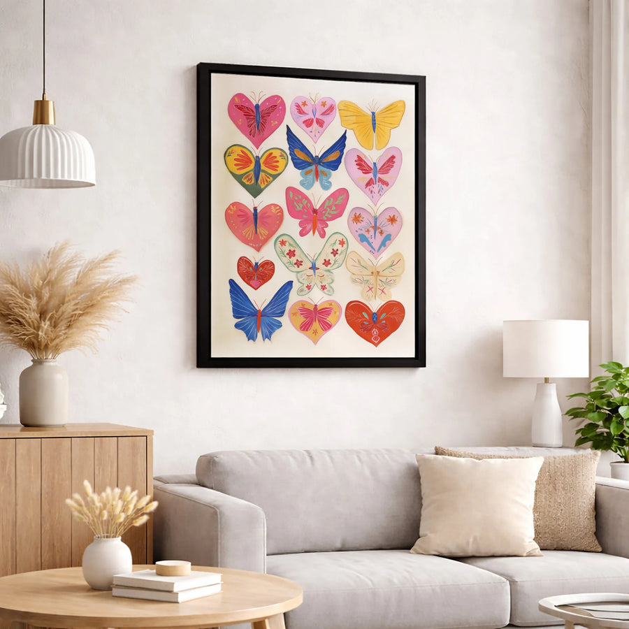 Butterfly Heart Canvas Wall Art | Colorful Folk Art Illustration | Premium Fade-Resistant Print | Bohemian Home Decor Gift