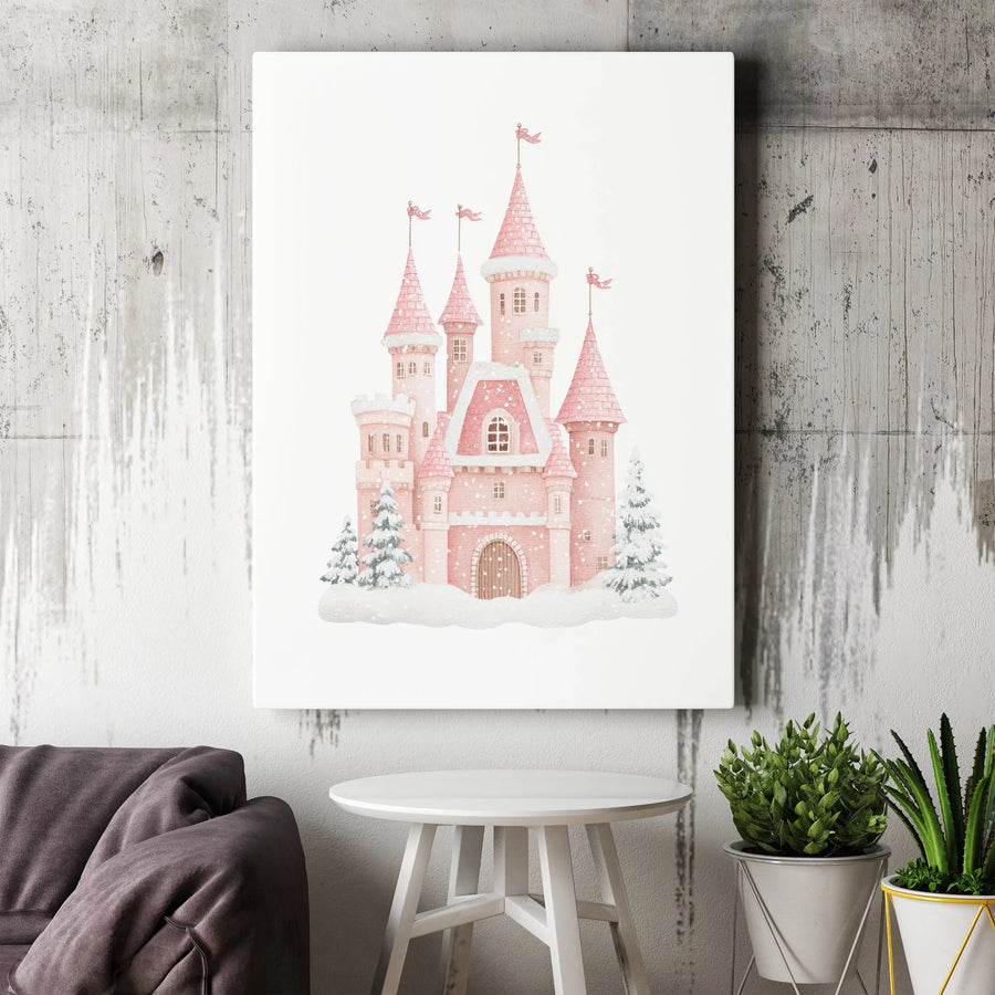 Pink Princess Castle Canvas Wall Art | Watercolor Winter Fairy Tale Decor | Premium Gallery Wrap Print | Magical Nursery & Kids Room Gift