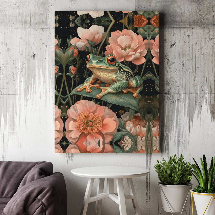 Red-Eyed Tree Frog Canvas Wall Art | Botanical Pink Peony Floral Print | Premium Gallery Wrapped 1.25" Decor | Nature Lover Living Room Gift