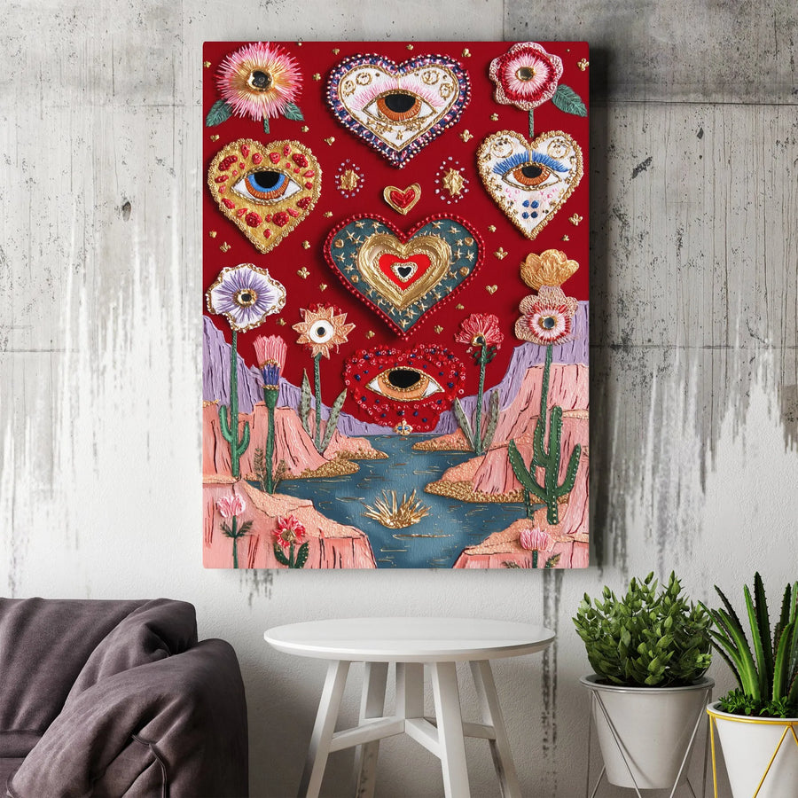 Surreal Desert Heart Canvas Print | Evil Eye Wall Art Decor | Premium Fade-Resistant Gallery Wrap | Boho Southwest Home Gift