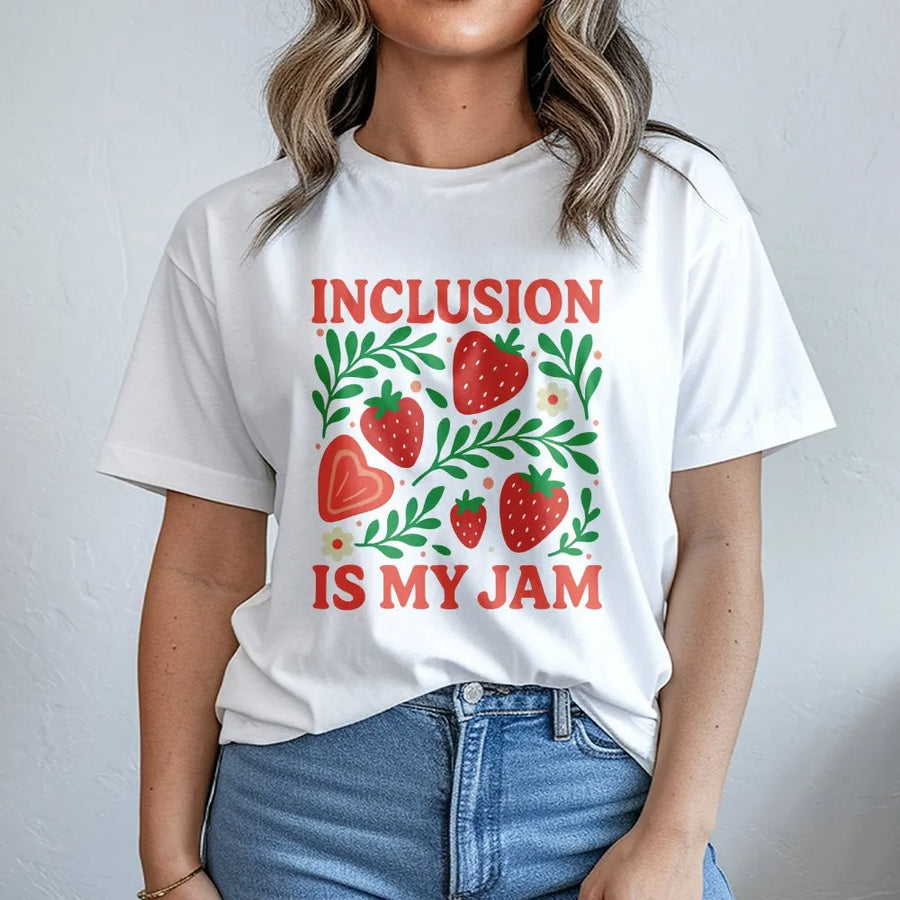 Inclusion Is My Jam T-Shirt | Strawberry Botanical Graphic | Premium Cotton Unisex Tee | Special Education Teacher Gift for Neurodiversity Awareness
