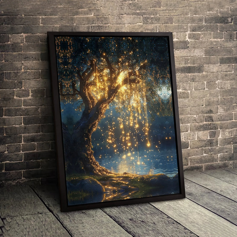 Enchanted Tree Canvas Print | Whimsical Gold Fairy Lights Wall Art | 1.25-Inch Thick Gallery Wrap | Magical Nature Decor for Home or Office