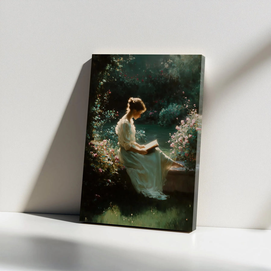 Romantic Reading Canvas Print | Victorian Woman in Garden Painting | Premium Gallery Wrap Canvas | Light Academia Decor Gift for Book Lovers