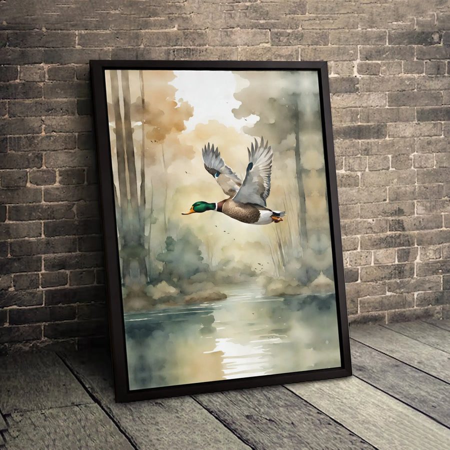 Mallard Duck Canvas Wall Art | Watercolor Misty Forest Landscape Print | Premium 1.25-Inch Gallery Wrap | Rustic Nature Home Decor Gift