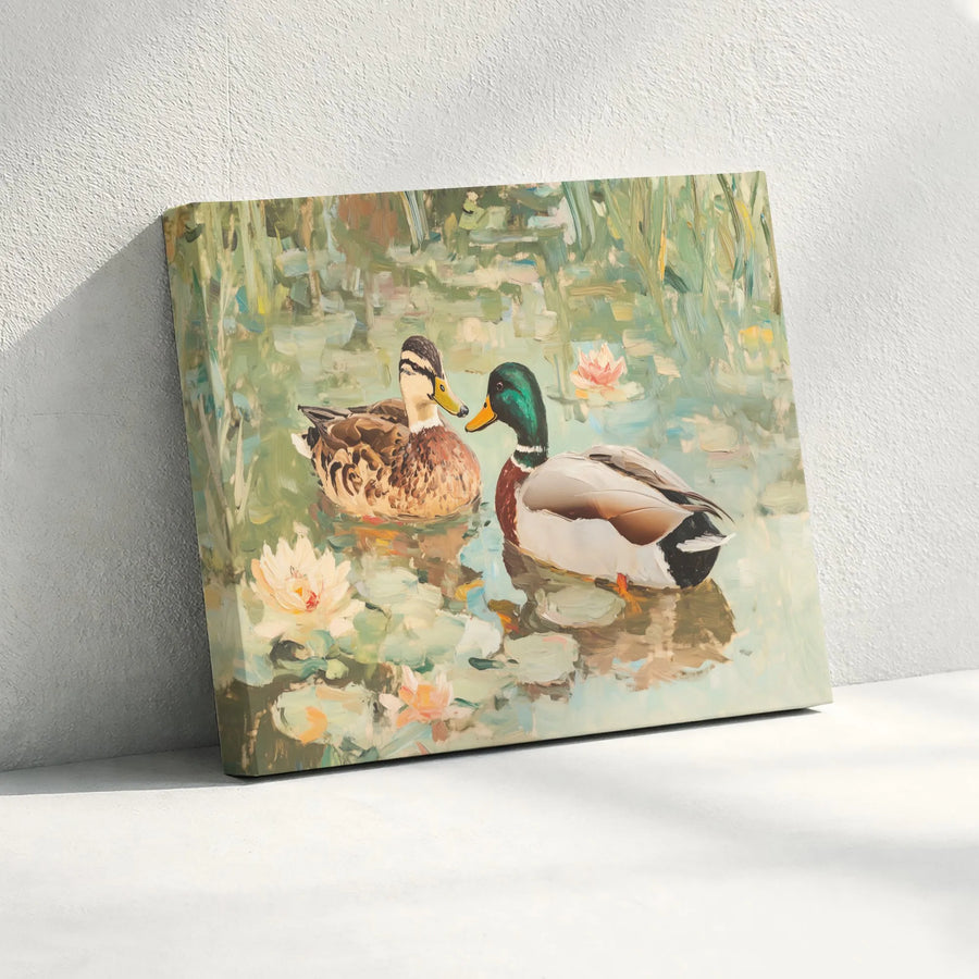 Mallard Duck Canvas Wall Art | Impressionist Pond Landscape with Water Lilies | Premium Gallery-Wrapped Print | Nature Lover Home Decor Gift