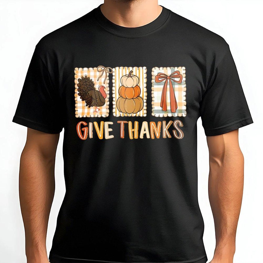 Give Thanks Thanksgiving T-Shirt | Whimsical Coquette Bow & Pumpkin Design | Premium 100% Cotton Tee | Cute Fall Graphic Shirt for Women