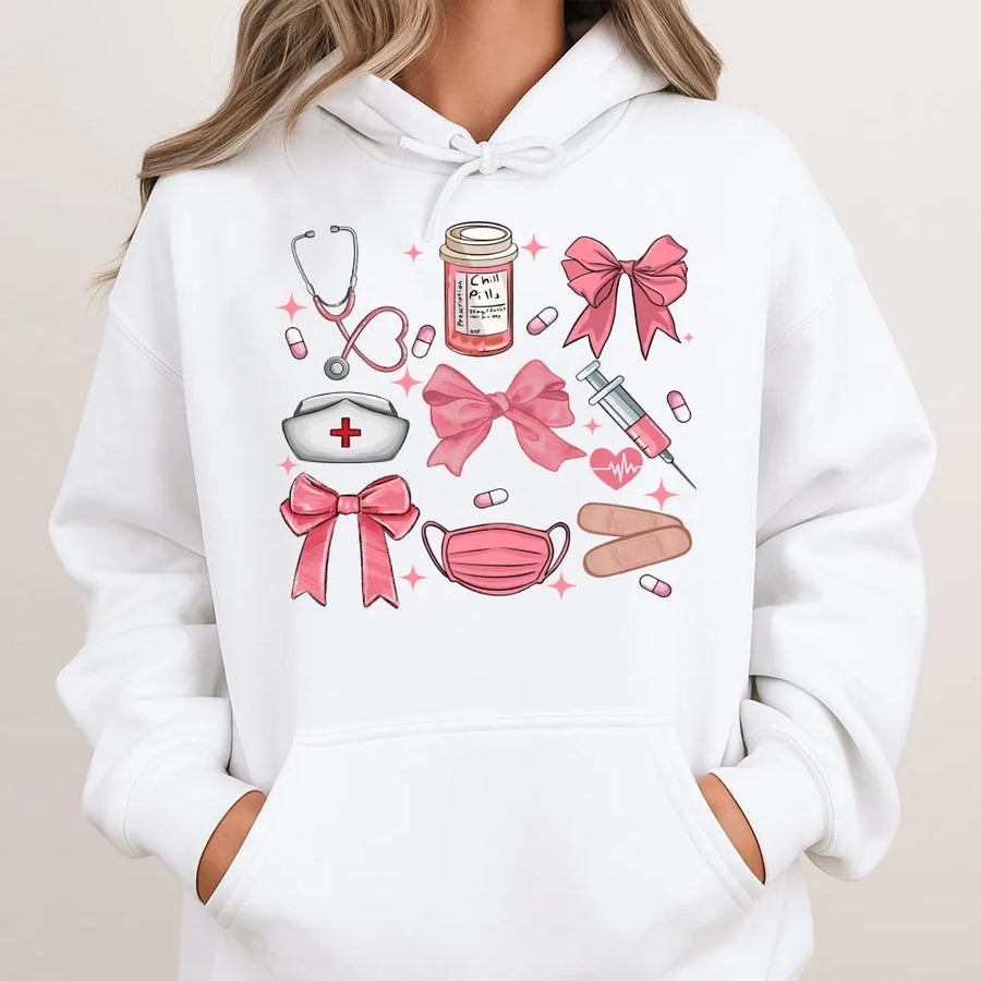 Coquette Nurse Hoodie | Aesthetic Pink Bow Medical Graphic | Premium Cotton Blend | Nursing Student Gift & Graduation Apparel