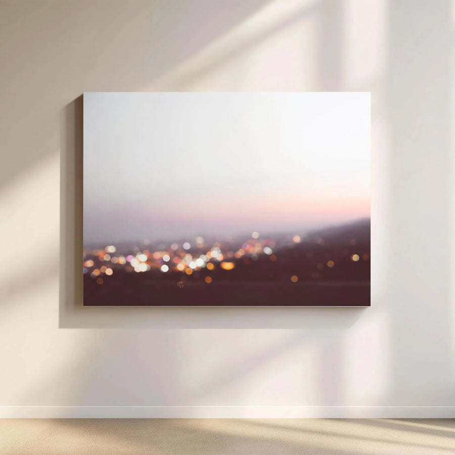 Abstract City Bokeh Horizontal Canvas | Dreamy Dusk Landscape with Warm Glowing Lights | Premium 1.25" Gallery Wrap | Modern Living Room Wall Art Gift