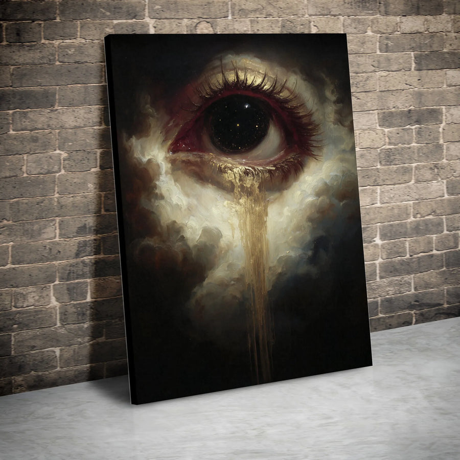 Surreal Cosmic Eye Wall Art | Galaxy Pupil & Gold Tears Print | Premium Gallery Wrap Canvas | Gothic Mystical Home Decor