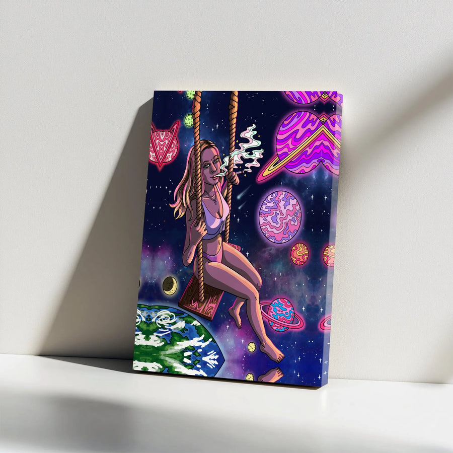 Trippy Space Girl Canvas Print | Psychedelic Cosmic Galaxy Illustration | Premium Gallery Wrapped Wall Art | Collector's Stoner Room Decor Gift