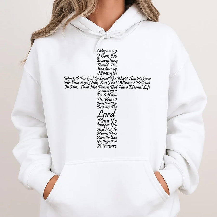 Bible Verse Cross Hoodie | Scripture Typography Graphic | Premium Cotton Blend | Christian Faith Gift for Men and Women