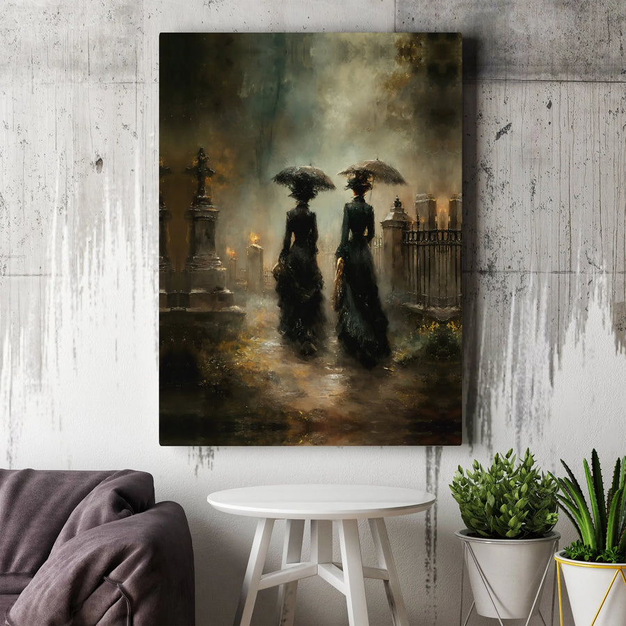 Gothic Cemetery Canvas Wall Art | Moody Victorian Ladies in Fog | Gallery Quality Framed Print | Dark Academia Home Decor Gift